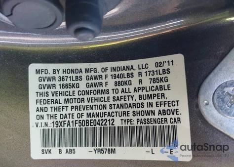 2011 Honda Civic Lx z USA, uszkodzony, nr VIN 19XFA1F50BE042212